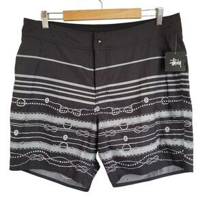 Stussy Men's Size XL 36 Black White Nautical Ropes Swim Trunks Unlined Grey Gray
